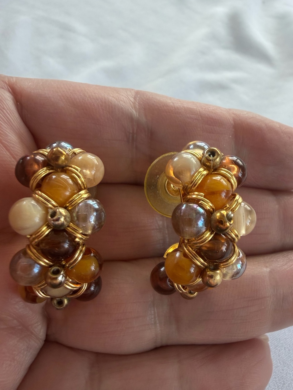 Gold-Tone Beaded Cluster Post Earrings in Amber and Cream